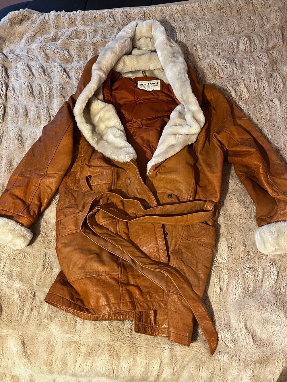 Vintage Wilsons Leather Tan Shearling-Trim Belted Leather Coat